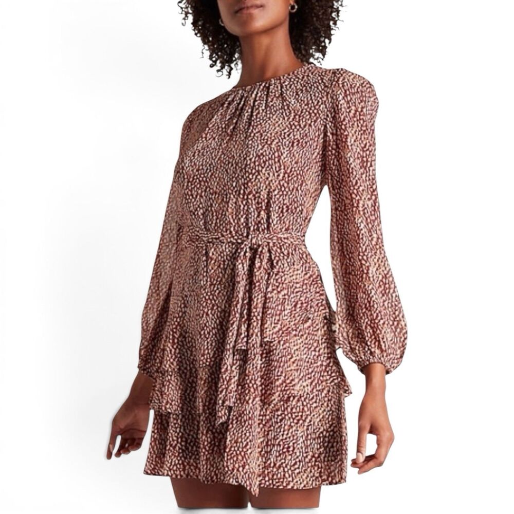 Romantic Express Burgundy Gold Metallic Animal Print Tiered Ruffle Mini Dress M
